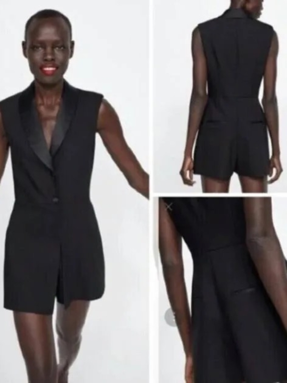 Zara Black Sleeveless Tailored Romper with Notch Lapel